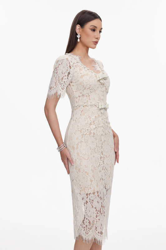 Maisie V-Neck Short Sleeves Bowknot Lace Midi Dress