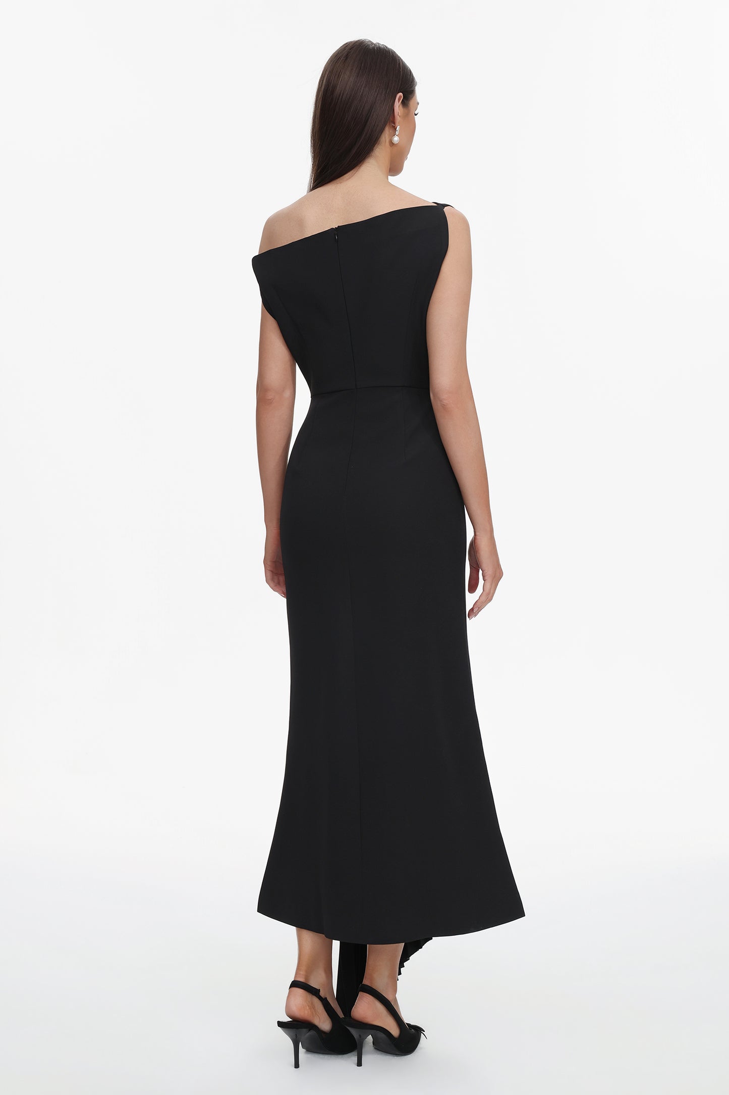 Juny Oblique Shoulder Sleeveless Folds Midi Dress