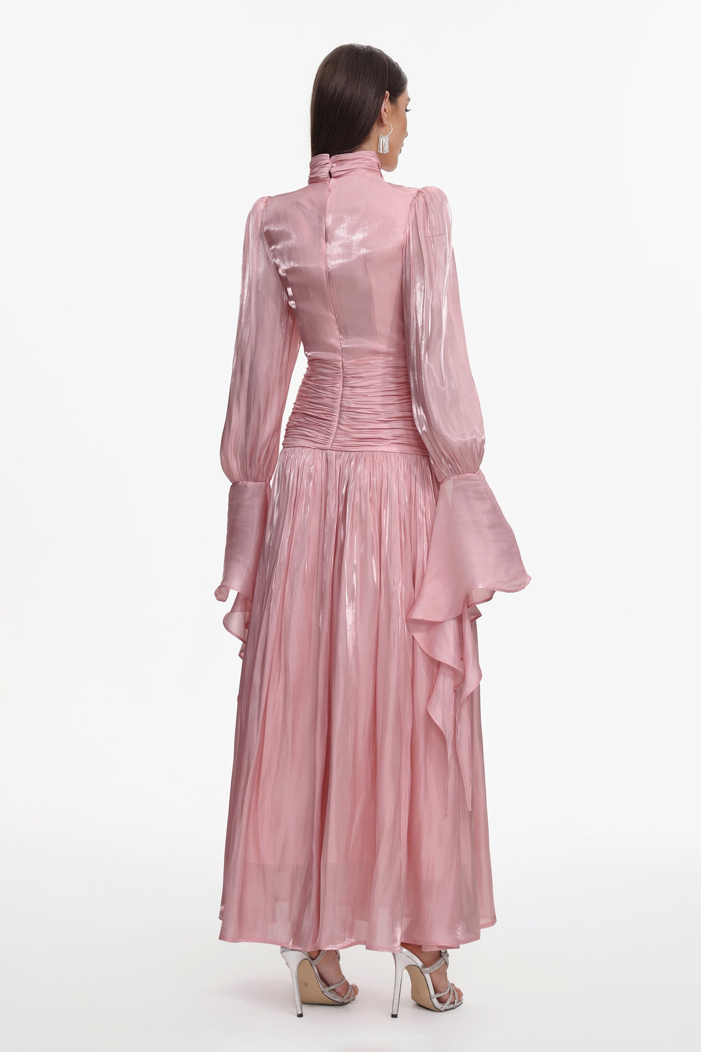 Viky Resort Waist-Defining Long Sleeve Ruched Woven Dark Pink Maxi Dress
