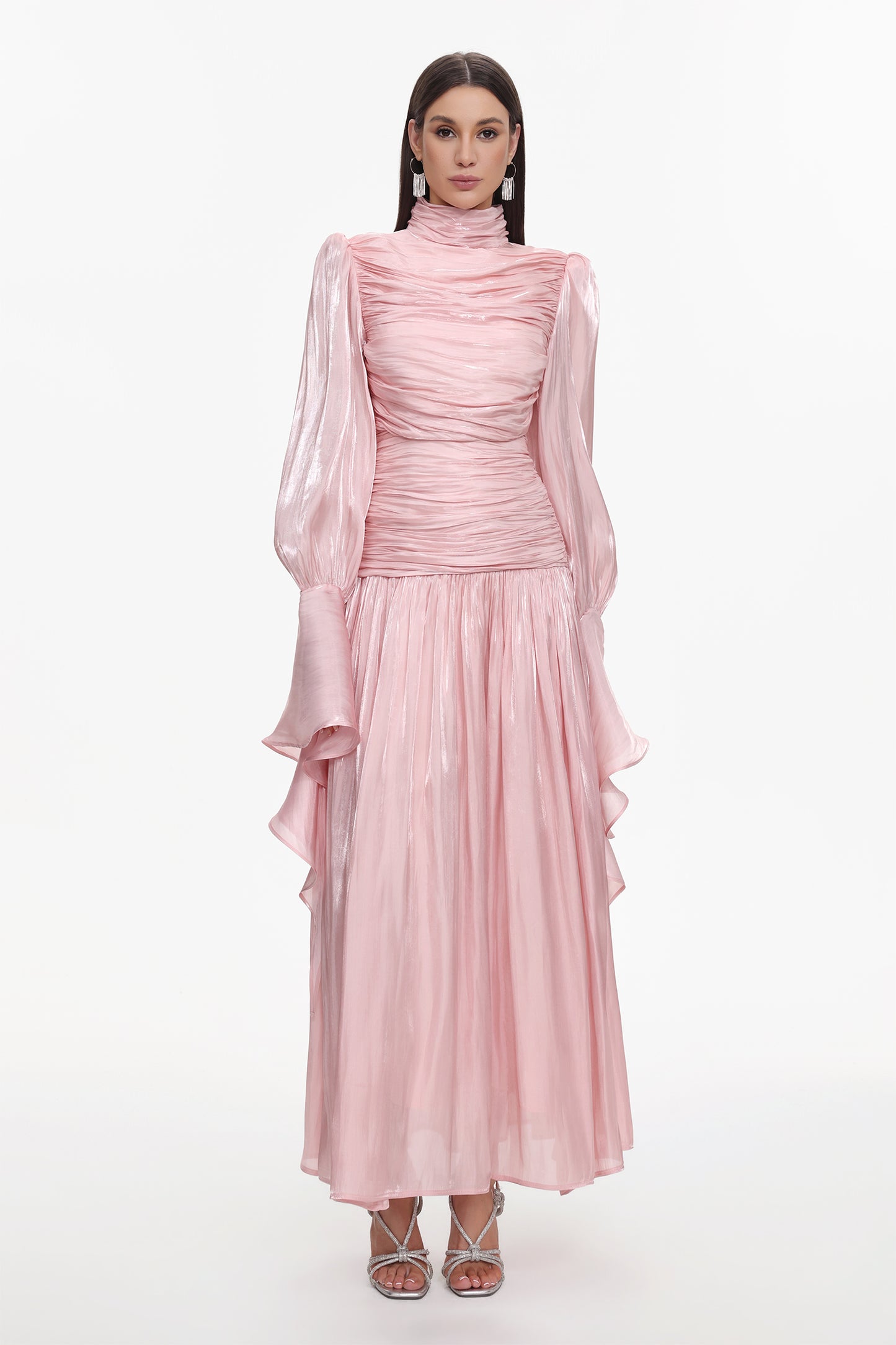 Viky Resort Waist-Defining Long Sleeve Ruched Woven Maxi Dress