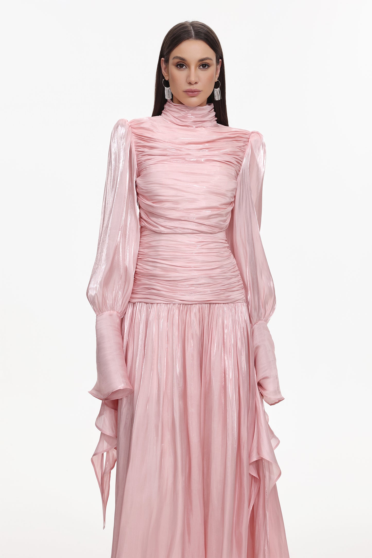 Viky Resort Waist-Defining Long Sleeve Ruched Woven Maxi Dress