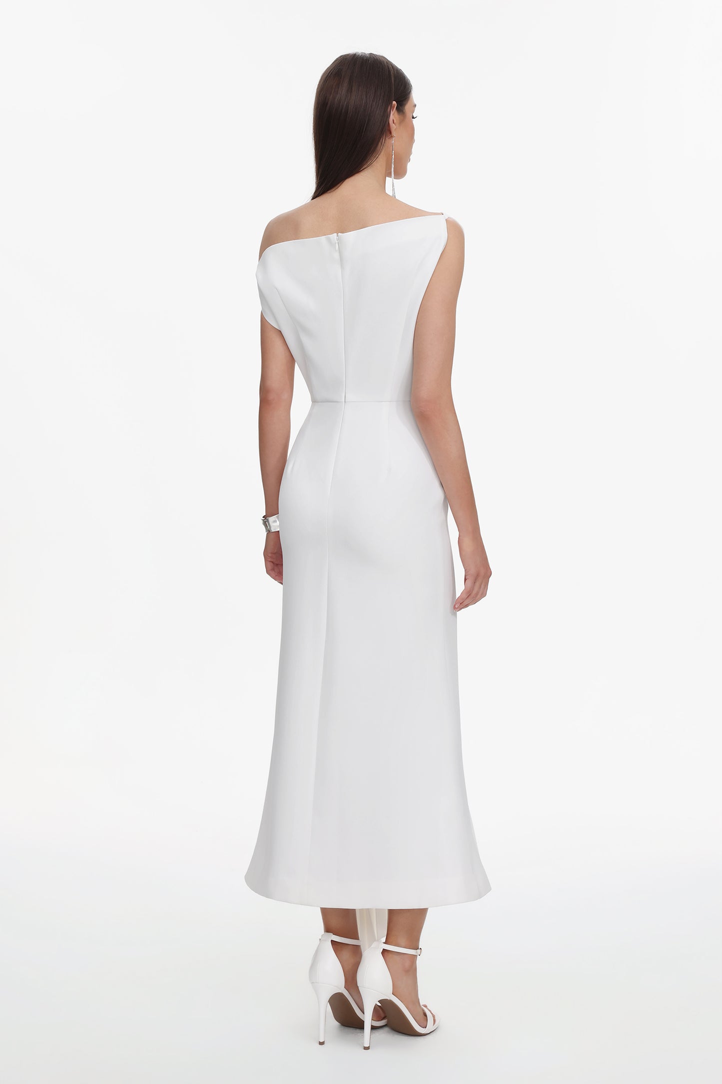 Paulina Oblique Shoulder Sleeveless Folds Midi Dress
