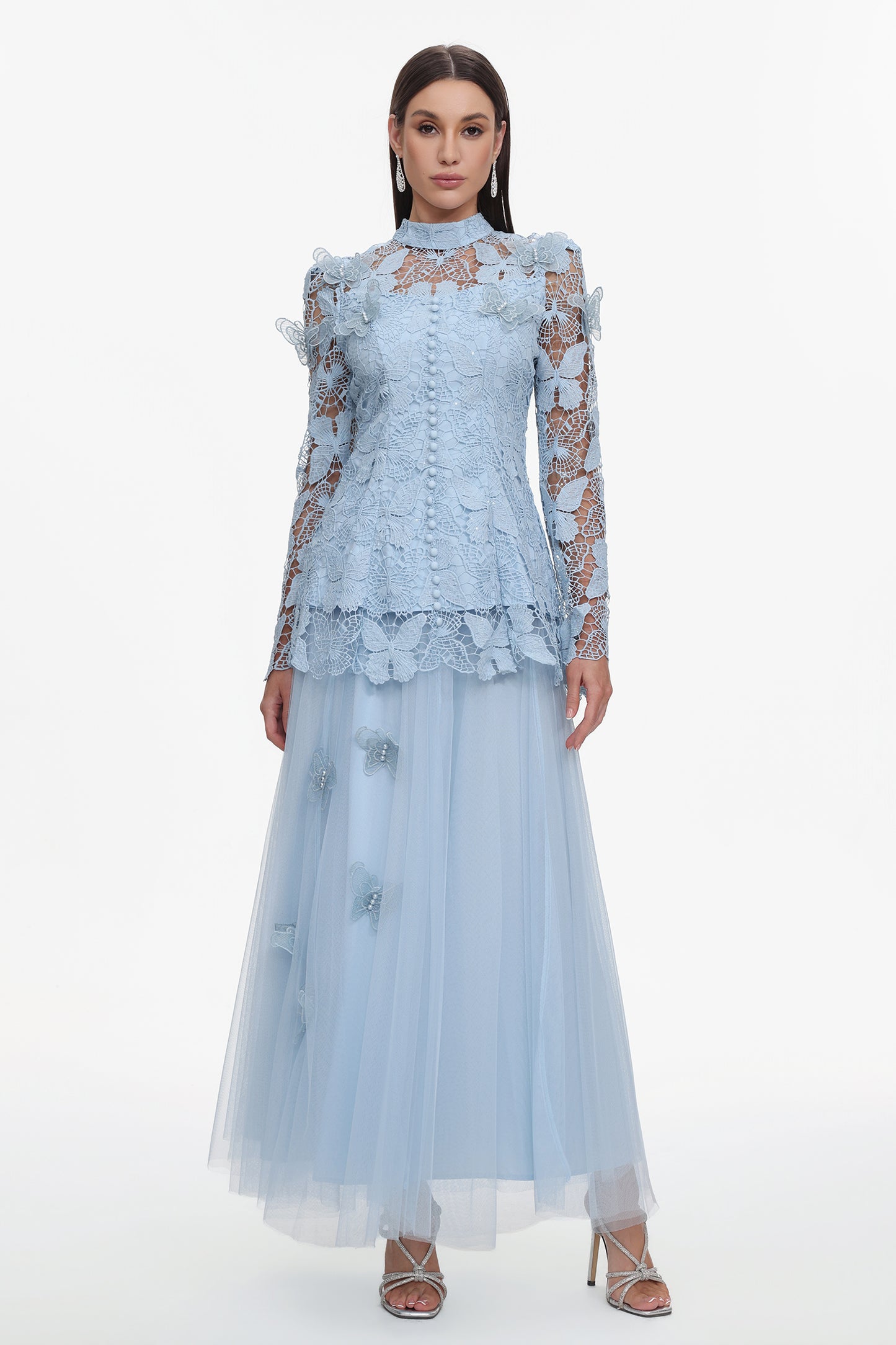Sabina Long Sleeve Folds Lace Butterfly Top And Skirt Two-Piece Set