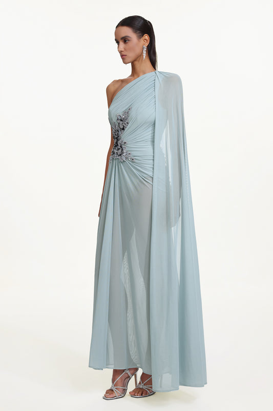 Kaylee Elegant Flowy One Shoulder Sequin Embroidered Ruched Mesh Maxi Dress