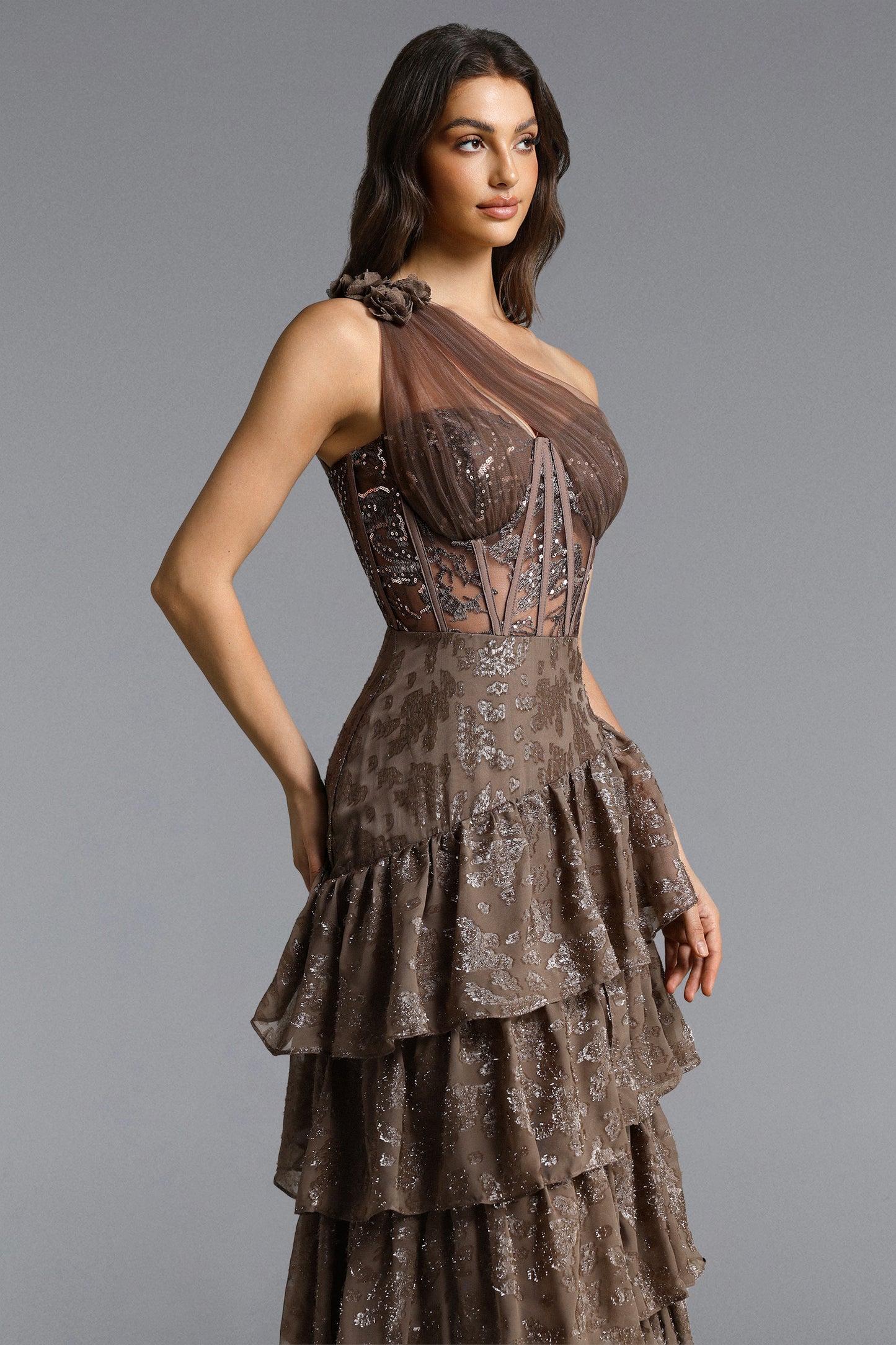Hedar Romantic Tailored One Shoulder Cut Out Ruffle Embellished Sequin Maxi Dress