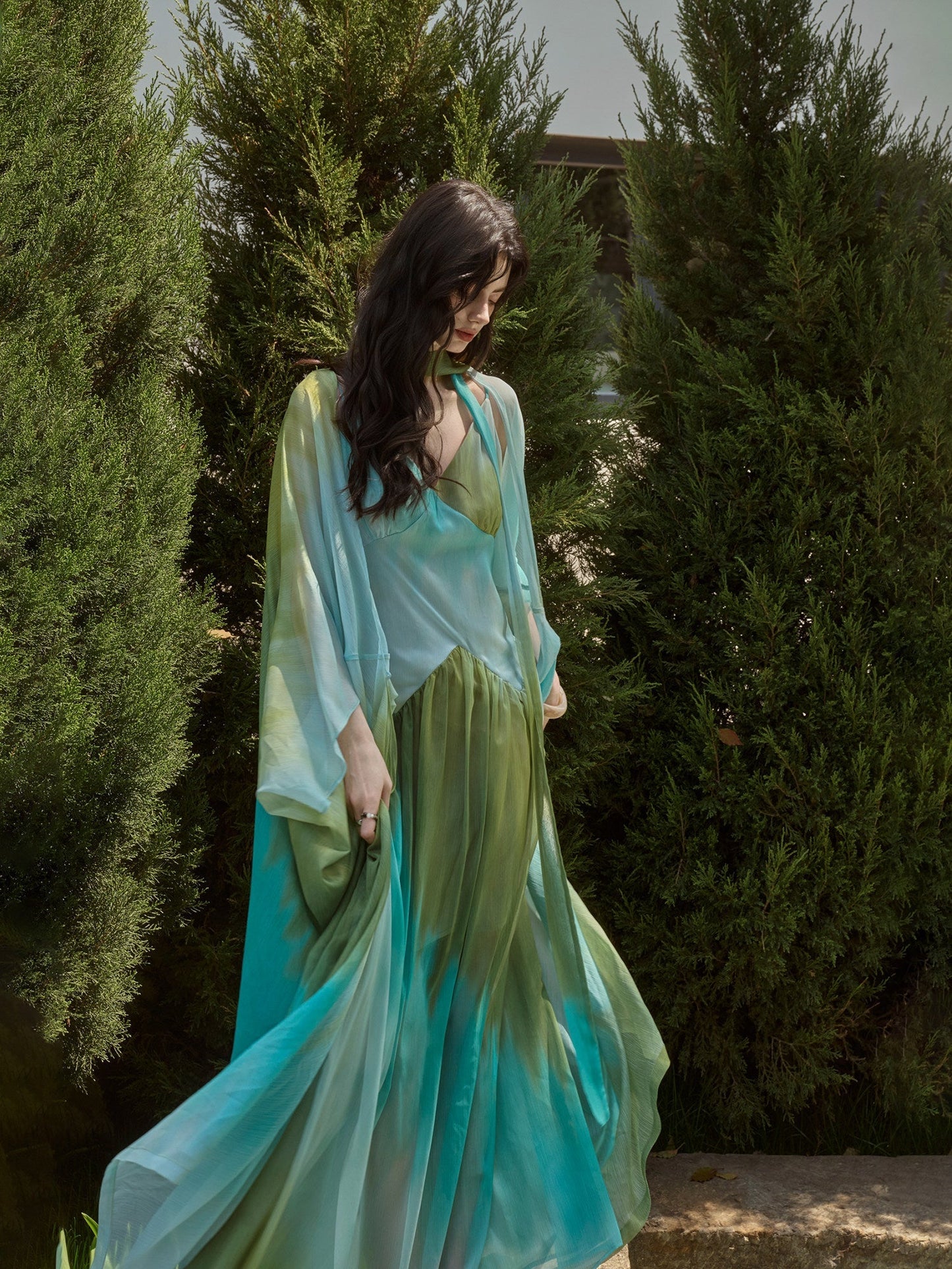 Tencel Chiffon Dress and Shawl Cardigan Set - Elegant and Versatile