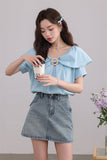 Blue Ruffled Blouse with Decorative Ring