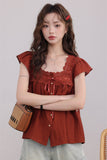 Rust Lace-Trimmed Buttoned Blouse