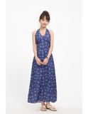 Blue Floral Print Sleeveless Maxi Dress