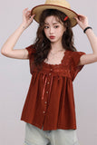 Rust Lace-Trimmed Buttoned Blouse