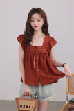 Rust Lace-Trimmed Buttoned Blouse