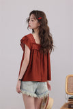 Rust Lace-Trimmed Buttoned Blouse