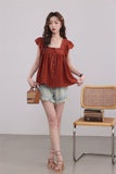 Rust Lace-Trimmed Buttoned Blouse