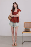 Rust Lace-Trimmed Buttoned Blouse