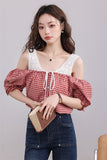 Red Gingham Off-Shoulder Top with Lace Straps