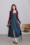 Denim Maxi Dress with Burgundy Cardigan