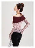 Floral Off-Shoulder Top with Brown Shrug and Rosette Detail