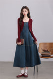 Denim Maxi Dress with Burgundy Cardigan