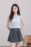 Blue Sleeveless Top with White Flower Embellishments