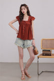 Rust Lace-Trimmed Buttoned Blouse