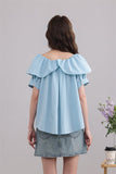 Blue Ruffled Blouse with Decorative Ring