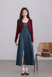 Denim Maxi Dress with Burgundy Cardigan