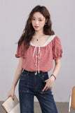 Red Gingham Off-Shoulder Top with Lace Straps