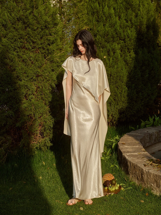 Acetate Satin Dress - Asymmetrical Scarf Collar