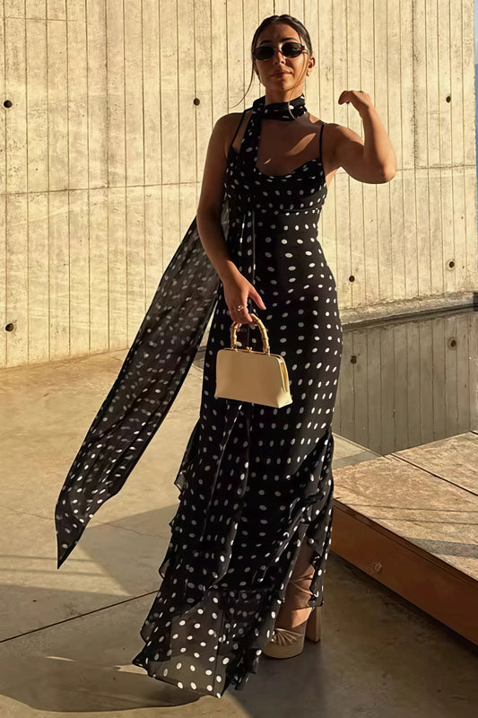 Gaun Maxi Dekor Scarf Ruffle Polka Dot