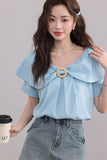 Blue Ruffled Blouse with Decorative Ring