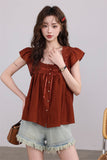 Rust Lace-Trimmed Buttoned Blouse