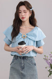 Blue Ruffled Blouse with Decorative Ring