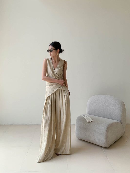 Silk Two-Piece Set - Sleeveless Top and Wide-Leg Pants