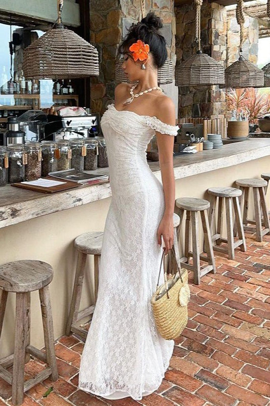 Gaun Maxi Slim Spaghetti Strap Tanpa Lengan Renda Elegan
