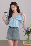 Blue Ruffled Blouse with Decorative Ring