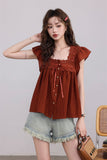 Rust Lace-Trimmed Buttoned Blouse