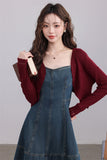 Denim Maxi Dress with Burgundy Cardigan