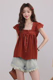 Rust Lace-Trimmed Buttoned Blouse