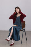 Denim Maxi Dress with Burgundy Cardigan