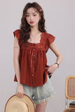 Rust Lace-Trimmed Buttoned Blouse