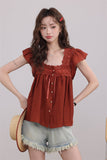 Rust Lace-Trimmed Buttoned Blouse