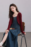 Denim Maxi Dress with Burgundy Cardigan