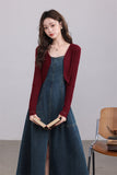 Denim Maxi Dress with Burgundy Cardigan