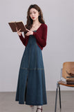 Denim Maxi Dress with Burgundy Cardigan