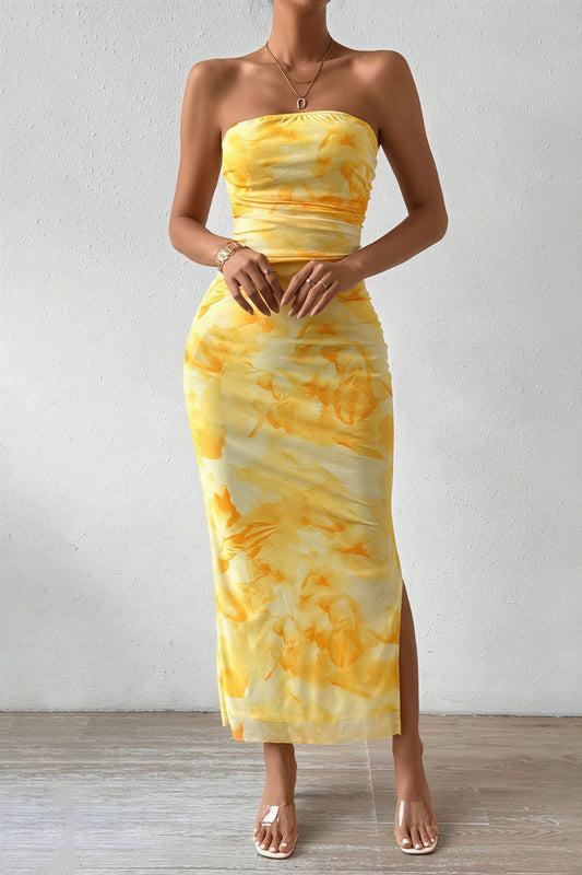 Gaun Maxi Slit Cetak Jala Slim