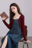 Denim Maxi Dress with Burgundy Cardigan