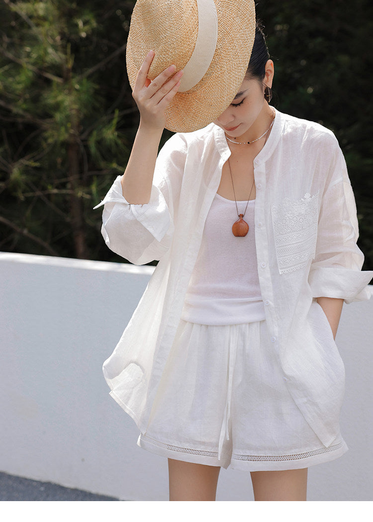 Linen Blend 2-Piece Set - Lace Insert Shirt and Wide-Leg Shorts