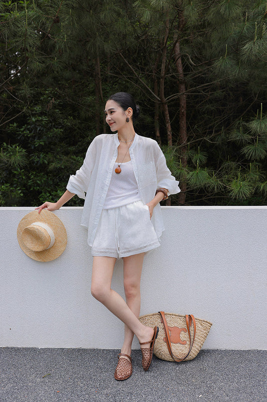 Linen Blend 2-Piece Set - Lace Insert Shirt and Wide-Leg Shorts
