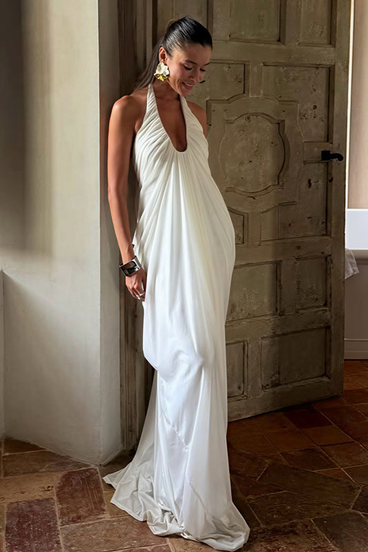 Gaun Maxi Tulle Halter Ruffle V Neck Longgar