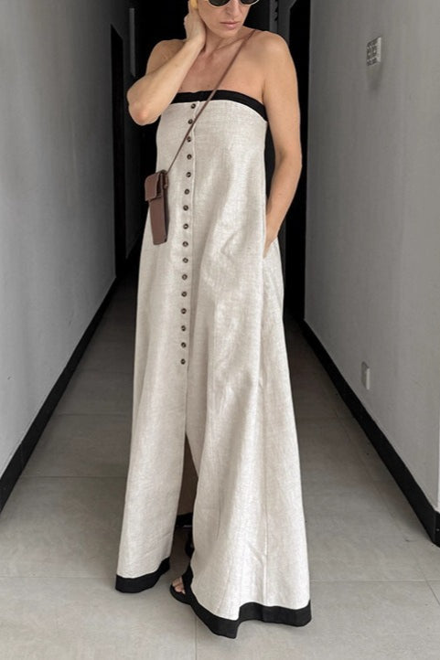 Gaun Maxi Bandeau Patchwork Linen Cotton